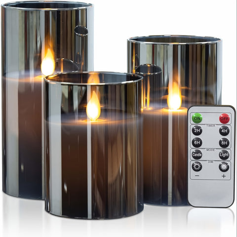 3pcs Flameless Candles with Remote Control Timer: 3D Wick Battery-Powered LED Pillar Candle, Unbreakable Acrylic Fake Candy Set for Home Decor Romantic Atmosphere - Gray, Artificial Candles, Candle Decor, Halloween Candle, Sm