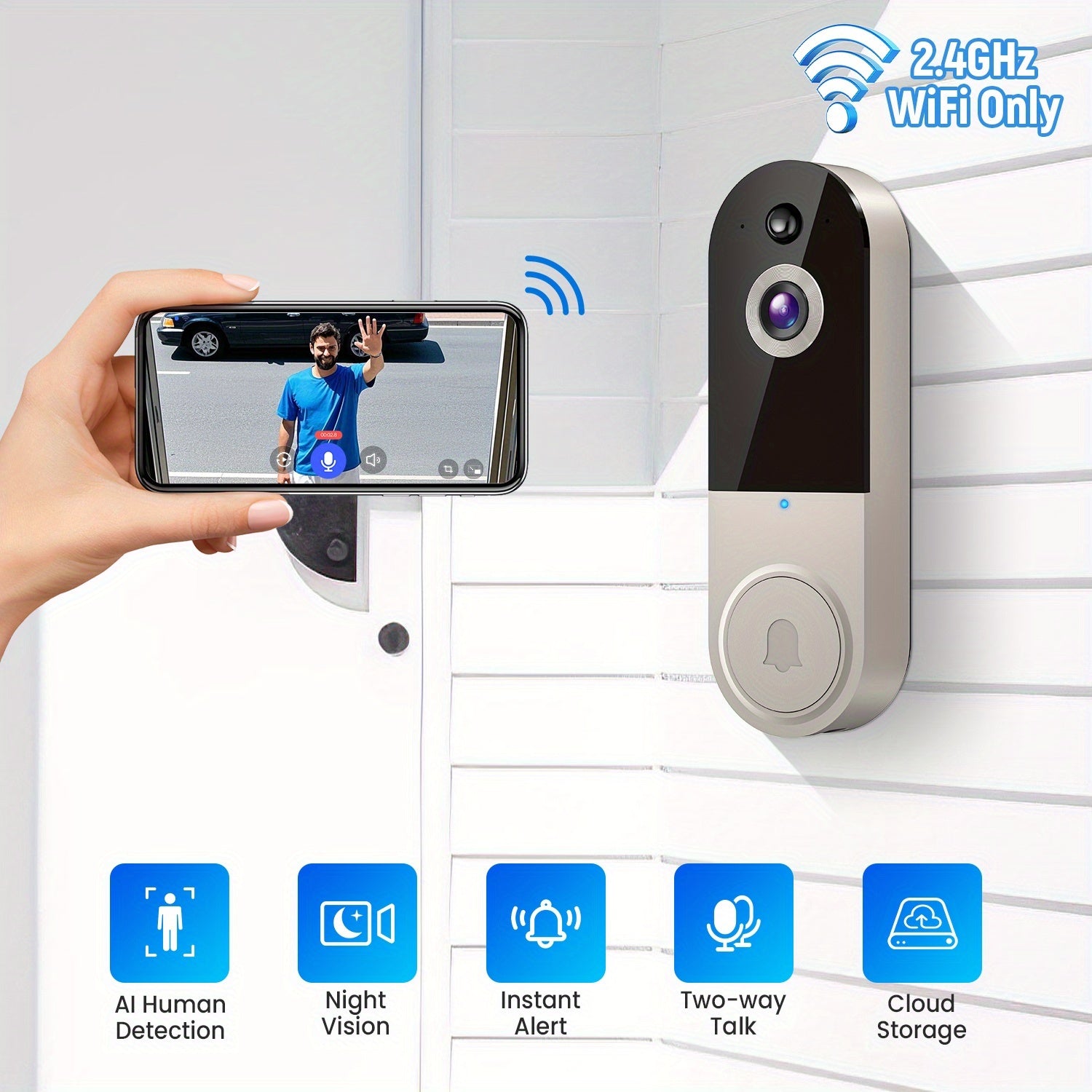 1080p Wireless Wi-Fi Video Doorbell Camera With Chime, Battery Powered, AI Human Detection, Live View, Night Vision, Cloud Storage, 2.4G WiFi Only, Indoor Outdoor Surveillance Cam For Home Security System