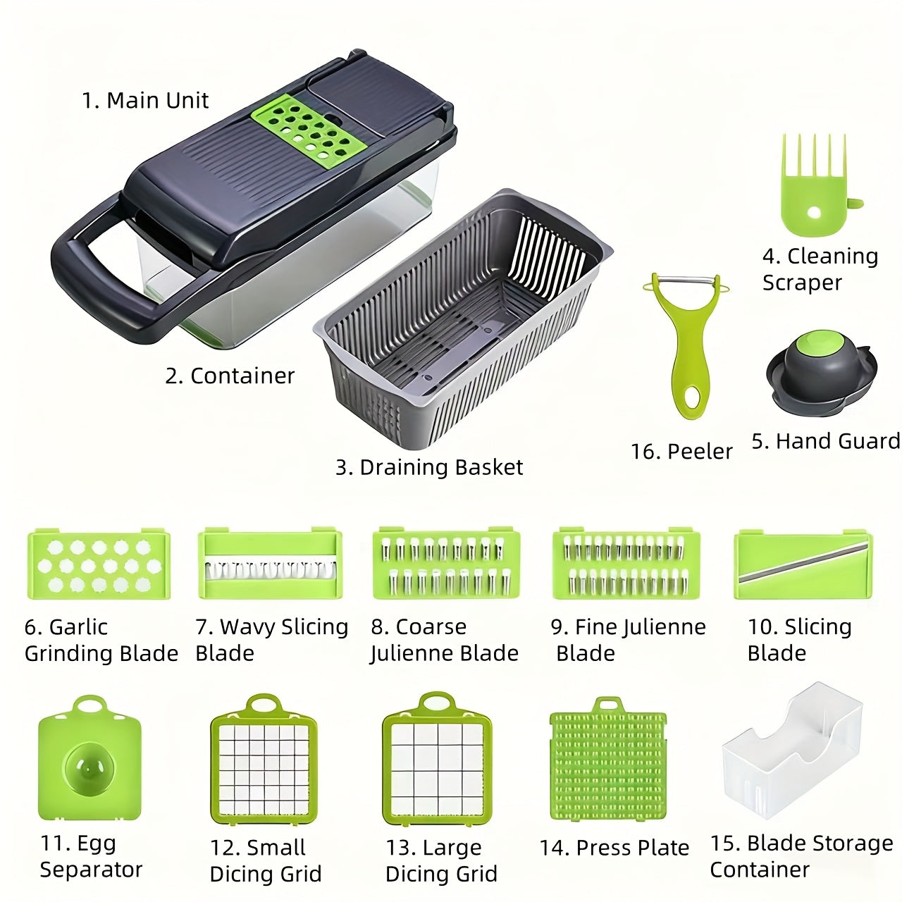 16-In-1 Kitchen Tool For Preparing Salads, Fruits, And Vegetables, Including A Peeler, Cutter, Slicer, Dicer, And Chopper