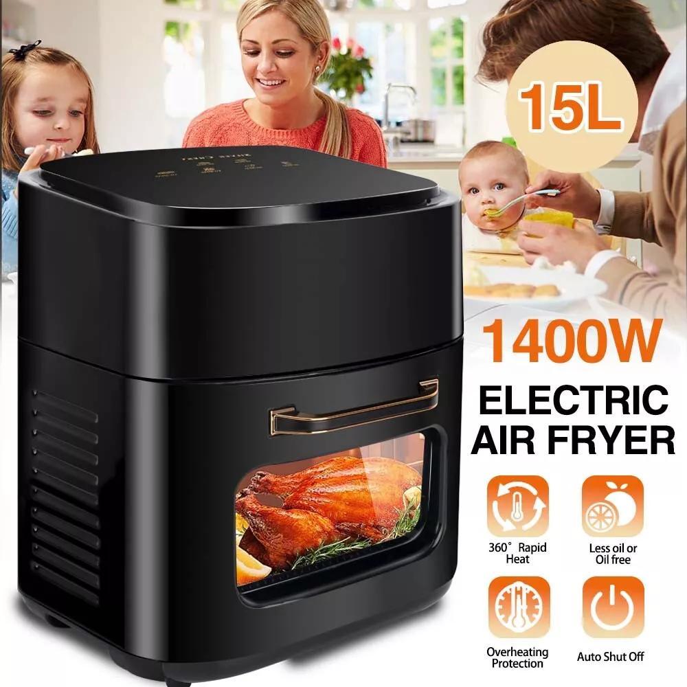 15L Black Multifunctional Digital Air Fryer Oven with Rapid Air Circulation & Smart Touch & Visible Window, Adjustable Timer & Temperature Control for Healthy Oil Free & Low Fat Cooking, Nonstick Basket, Chicken, Crisps, Broi