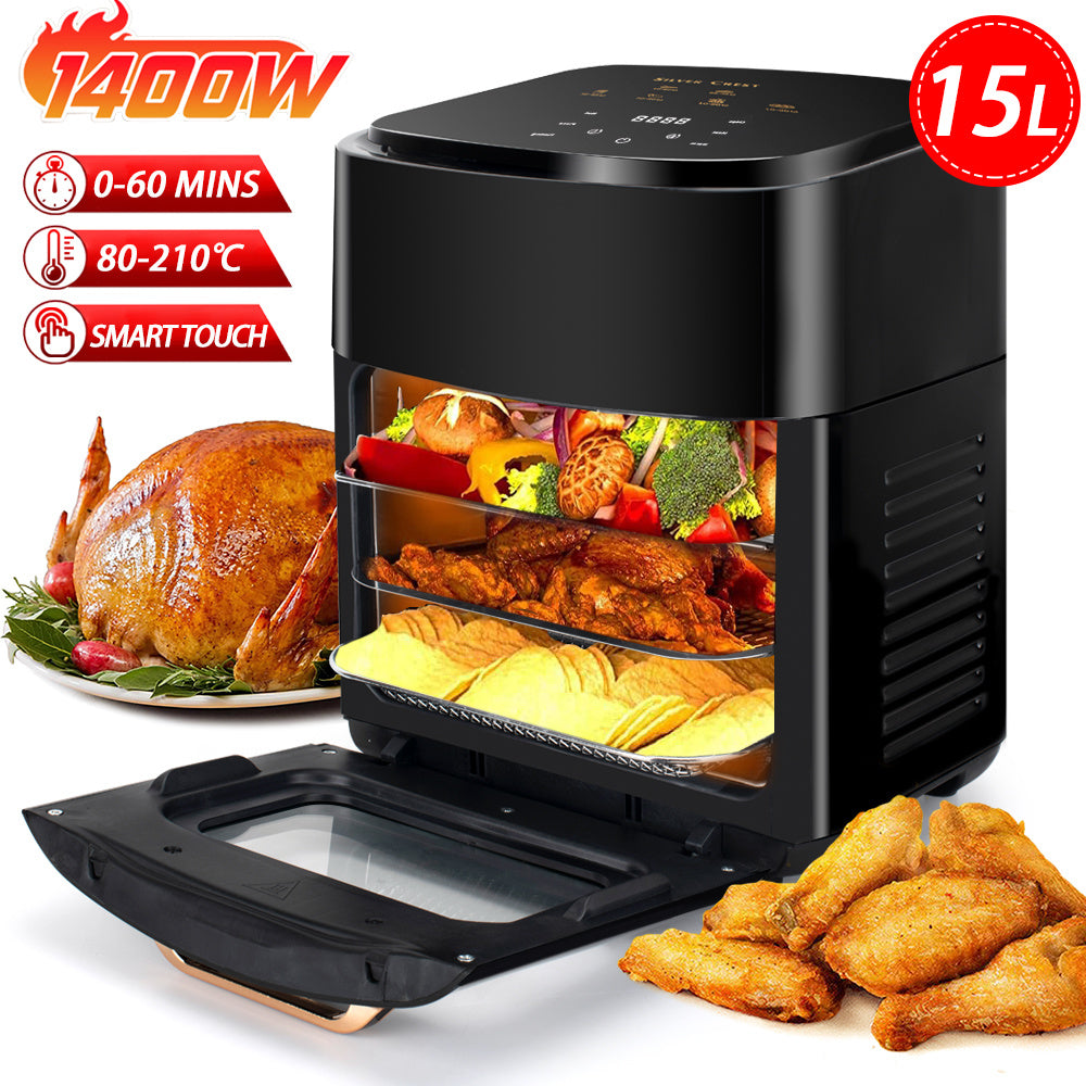 15L Black Multifunctional Digital Air Fryer Oven with Rapid Air Circulation & Smart Touch & Visible Window, Adjustable Timer & Temperature Control for Healthy Oil Free & Low Fat Cooking, Nonstick Basket, Chicken, Crisps, Broi