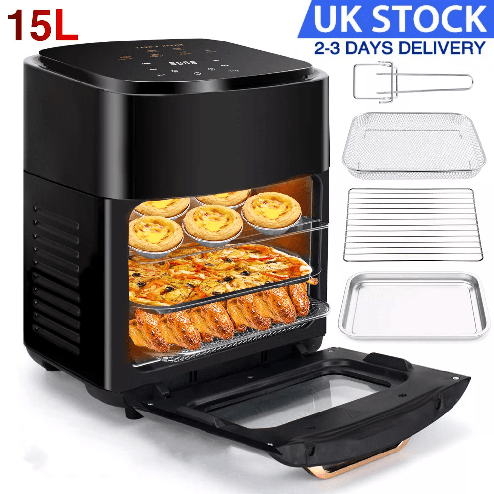 15L Black Multifunctional Digital Air Fryer Oven with Rapid Air Circulation & Smart Touch & Visible Window, Adjustable Timer & Temperature Control for Healthy Oil Free & Low Fat Cooking, Nonstick Basket, Chicken, Crisps, Broi