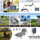 5-Way Adjustable Folding Camp Bed with Pillow & Mattress - Heavy-Duty Portable Outdoor Bed with Sturdy Frame, Manual Recliner Mechanism & Solid Backrest for Indoor/Outdoor Use, Camping, Beach, Garden, Balcony - Space-Saving D