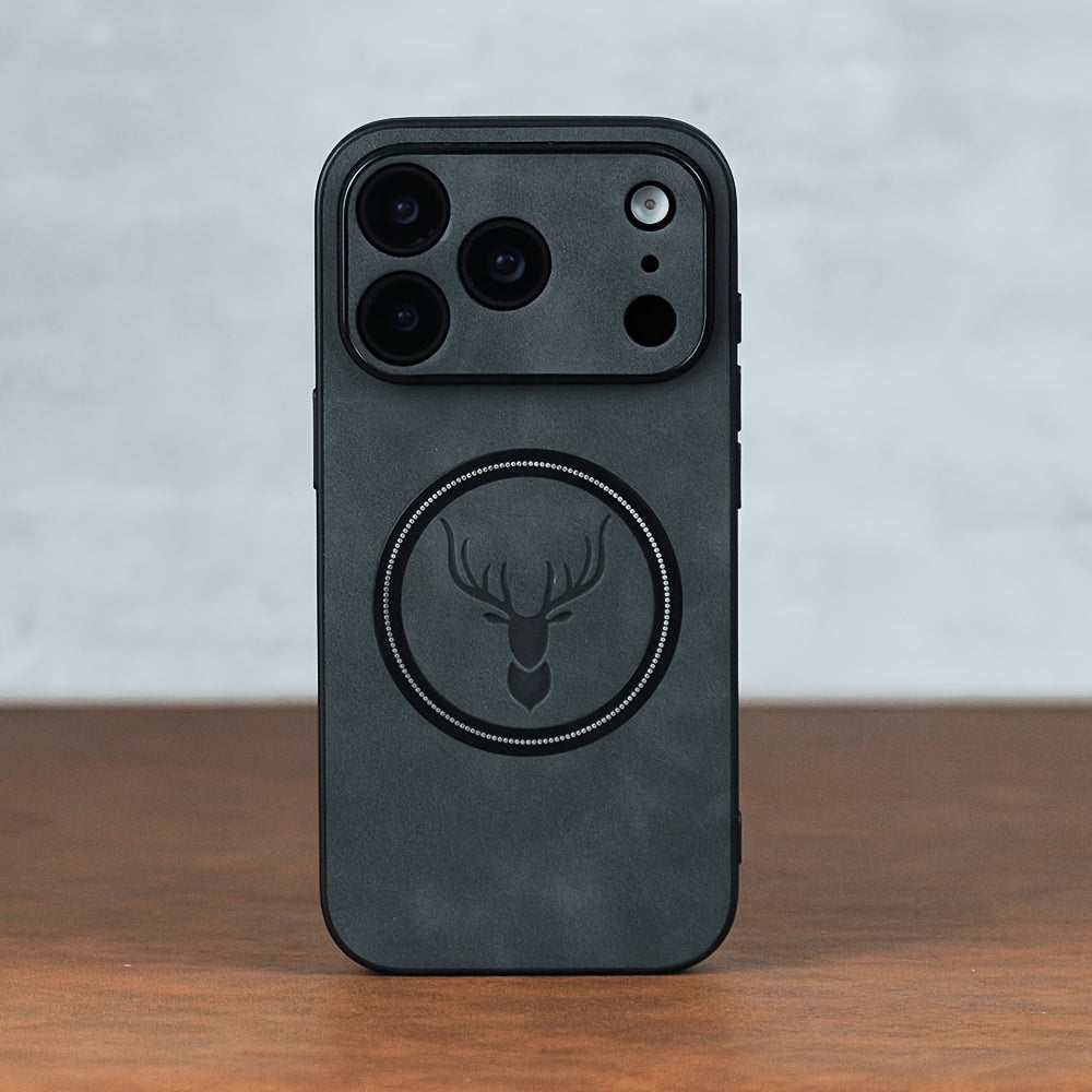 Luxury Retro Faux Sheepskin Faux Leather Case Compatible with iPhone 17 16 15 14 13 12 11 Pro Max Plus Magnetic Wireless Charging 17 Pro Max Cases Soft Bumper Deer Head Pattern Shockproof Cover