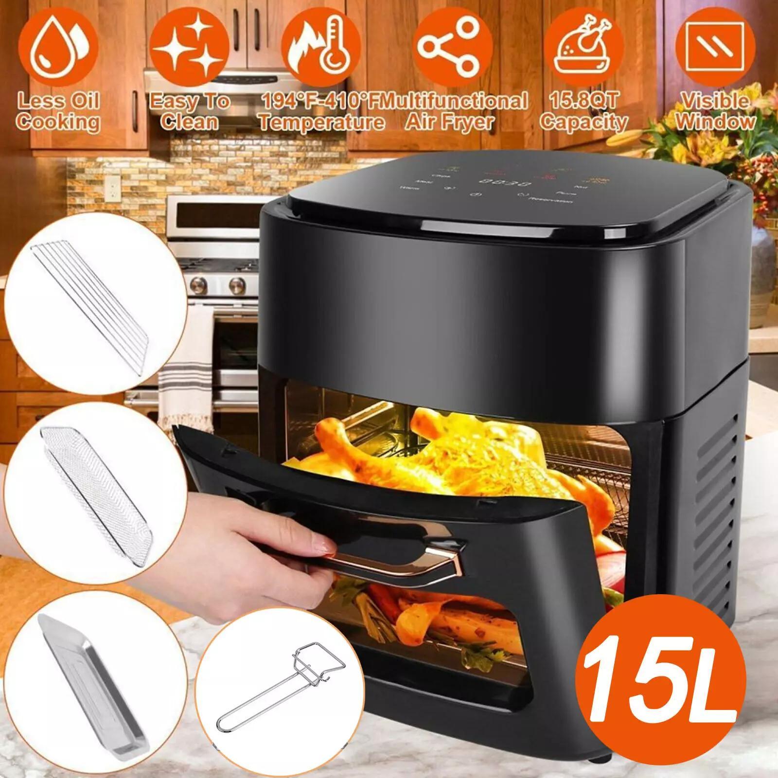 15L Black Multifunctional Digital Air Fryer Oven with Rapid Air Circulation & Smart Touch & Visible Window, Adjustable Timer & Temperature Control for Healthy Oil Free & Low Fat Cooking, Nonstick Basket, Chicken, Crisps, Broi