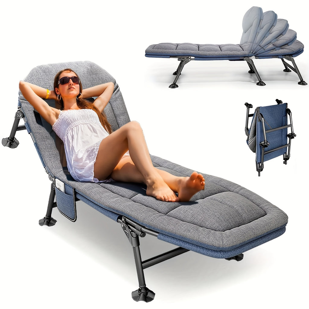 5-Way Adjustable Folding Camp Bed with Pillow & Mattress - Heavy-Duty Portable Outdoor Bed with Sturdy Frame, Manual Recliner Mechanism & Solid Backrest for Indoor/Outdoor Use, Camping, Beach, Garden, Balcony - Space-Saving D