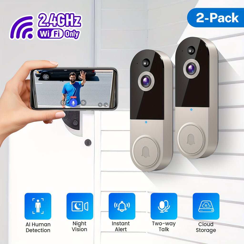 1080p Wireless Wi-Fi Video Doorbell Camera With Chime, Battery Powered, AI Human Detection, Live View, Night Vision, Cloud Storage, 2.4G WiFi Only, Indoor Outdoor Surveillance Cam For Home Security System