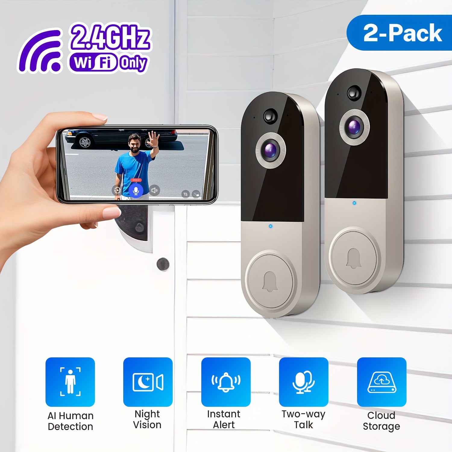 1080p Wireless Wi-Fi Video Doorbell Camera With Chime, Battery Powered, AI Human Detection, Live View, Night Vision, Cloud Storage, 2.4G WiFi Only, Indoor Outdoor Surveillance Cam For Home Security System