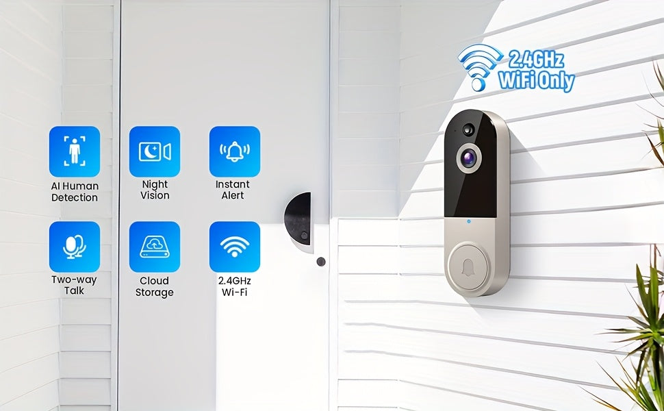 1080p Wireless Wi-Fi Video Doorbell Camera With Chime, Battery Powered, AI Human Detection, Live View, Night Vision, Cloud Storage, 2.4G WiFi Only, Indoor Outdoor Surveillance Cam For Home Security System