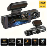 Dual Lens Car Dash Cam with Front & Cabin View, 1080P HD Front & 720P HD Rear, Night Vision, Loop Recording, G-Sensor, Motion Detection, 64GB Memory Card Option, Rechargeable Battery, Adhesive Mount for Universal Vehicle Comp
