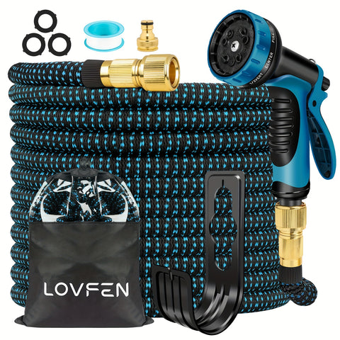 LOVFEN Expandable Flexible Garden Water Hose with 10 Function Spray Nozzle BLUE