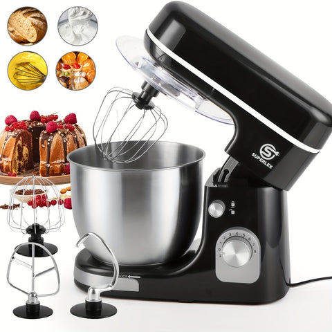 SUPERLEX 3-in-1 Stand Mixer 5L 1300W 8-Speed Kitchen Machine with Pulse, Stainless Steel Dough Hook Whisk & Eggbeater Attachments, Energy Class A+++ for Baking Cakes Bread, Black, Baking Essentials, Ergonomic Handle, Reliable