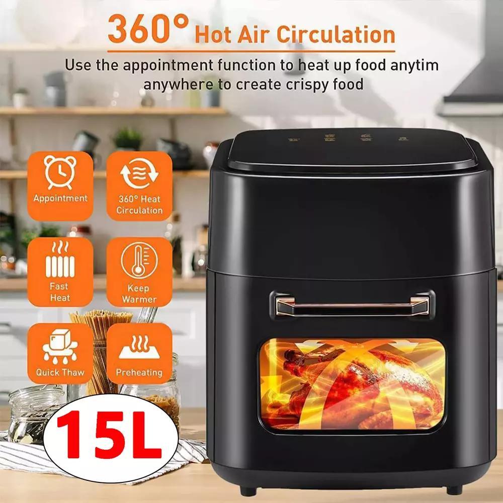 15L Black Multifunctional Digital Air Fryer Oven with Rapid Air Circulation & Smart Touch & Visible Window, Adjustable Timer & Temperature Control for Healthy Oil Free & Low Fat Cooking, Nonstick Basket, Chicken, Crisps, Broi