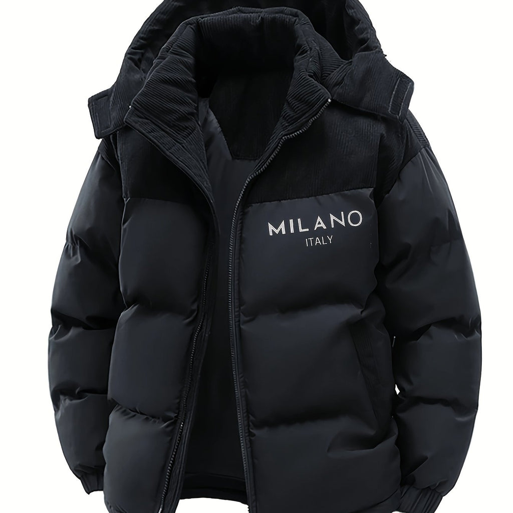 Men'S Casual Faux Fur Jacket with "MILANO ITALIA" Print - Lightweight Hooded Outdoor Coat, Beige, Regular Fit, Pockets Included, Polyester Fabric, Perfect for Casual Wear, Hooded Jacket