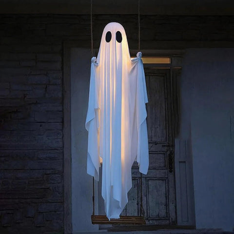 Halloween Hanging Swing Ghost Decor Thicken Spooky Ghost Ornament Battery Powered Cute White Ghost Swing for Porch Yard Trees