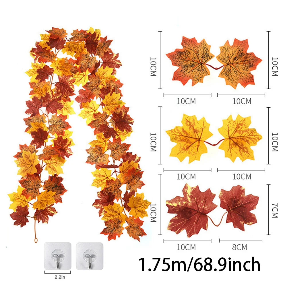 2M Artificial Fall Maple Leaf Garland Fake Plants Autumn Decor Leaves Vine for Thanksgiving Halloween Festivals Wedding Decora