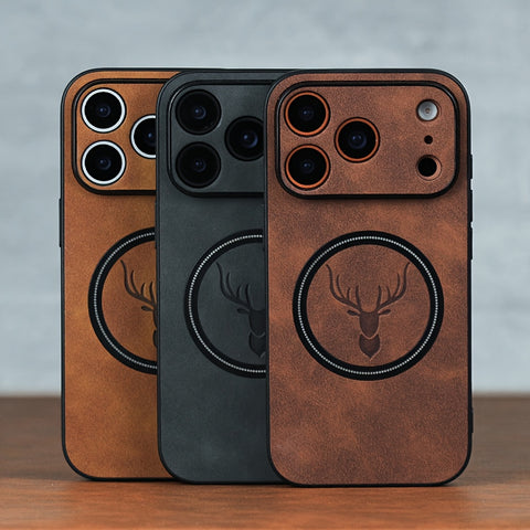 Luxury Retro Faux Sheepskin Faux Leather Case Compatible with iPhone 17 16 15 14 13 12 11 Pro Max Plus Magnetic Wireless Charging 17 Pro Max Cases Soft Bumper Deer Head Pattern Shockproof Cover