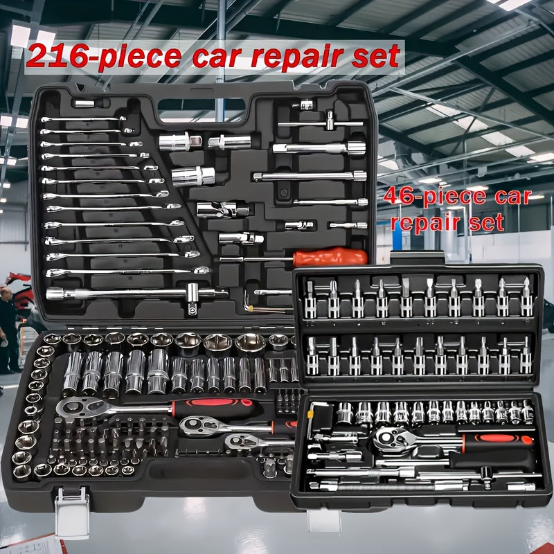 216/46pcs Mechanical Tool Socket Set, 1/2” 1/4” 3/8” Drive SAE and Metric Sizes, Universal Ratchet Wrench Kit with 72-Tooth Ratchets for Automotive, Home, Garage, Bicycle Trunk Use