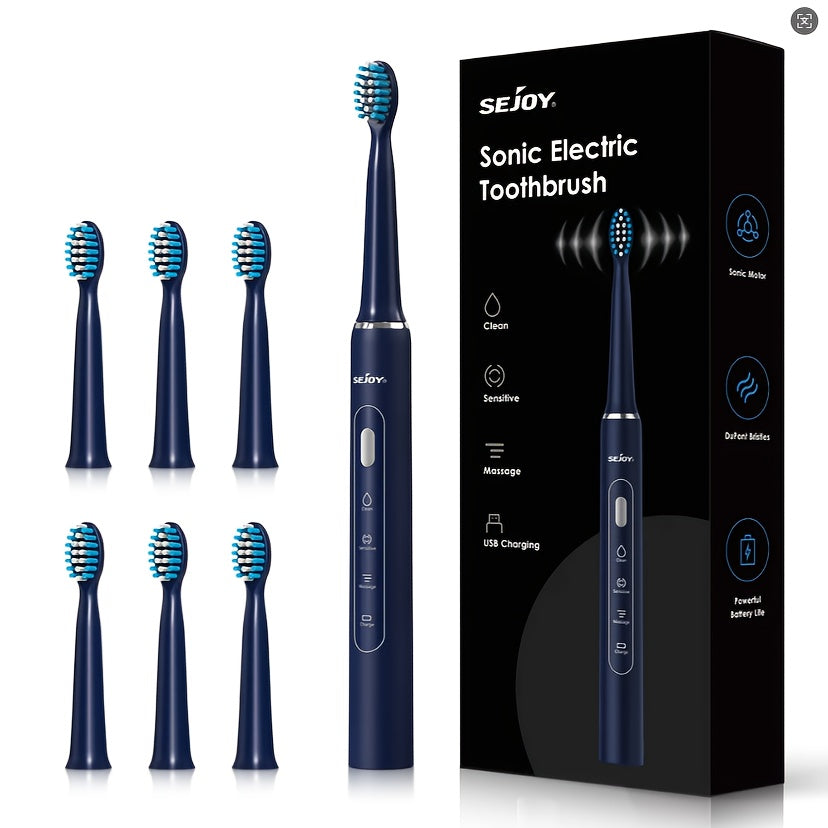 SEJOY Sonic Electric Toothbrush Rechargeable Electric Toothbrush, Deep Cleaning with 3 Modes, 6 Replacement Brush Heads, Portable, Suitable for Travel, Dormitory, Gift, Black, Pink, Blue, Purple, Gift for Parents, Couples