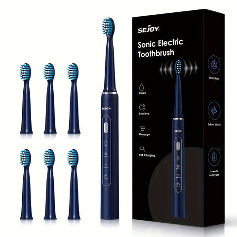 SEJOY Sonic Electric Toothbrush Rechargeable Electric Toothbrush, Deep Cleaning with 3 Modes, 6 Replacement Brush Heads, Portable, Suitable for Travel, Dormitory, Gift, Black, Pink, Blue, Purple, Gift for Parents, Couples