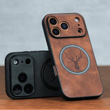 Luxury Retro Faux Sheepskin Faux Leather Case Compatible with iPhone 17 16 15 14 13 12 11 Pro Max Plus Magnetic Wireless Charging 17 Pro Max Cases Soft Bumper Deer Head Pattern Shockproof Cover