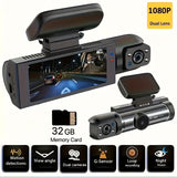 Dual Lens Car Dash Cam with Front & Cabin View, 1080P HD Front & 720P HD Rear, Night Vision, Loop Recording, G-Sensor, Motion Detection, 64GB Memory Card Option, Rechargeable Battery, Adhesive Mount for Universal Vehicle Comp