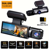 Dual Lens Car Dash Cam with Front & Cabin View, 1080P HD Front & 720P HD Rear, Night Vision, Loop Recording, G-Sensor, Motion Detection, 64GB Memory Card Option, Rechargeable Battery, Adhesive Mount for Universal Vehicle Comp