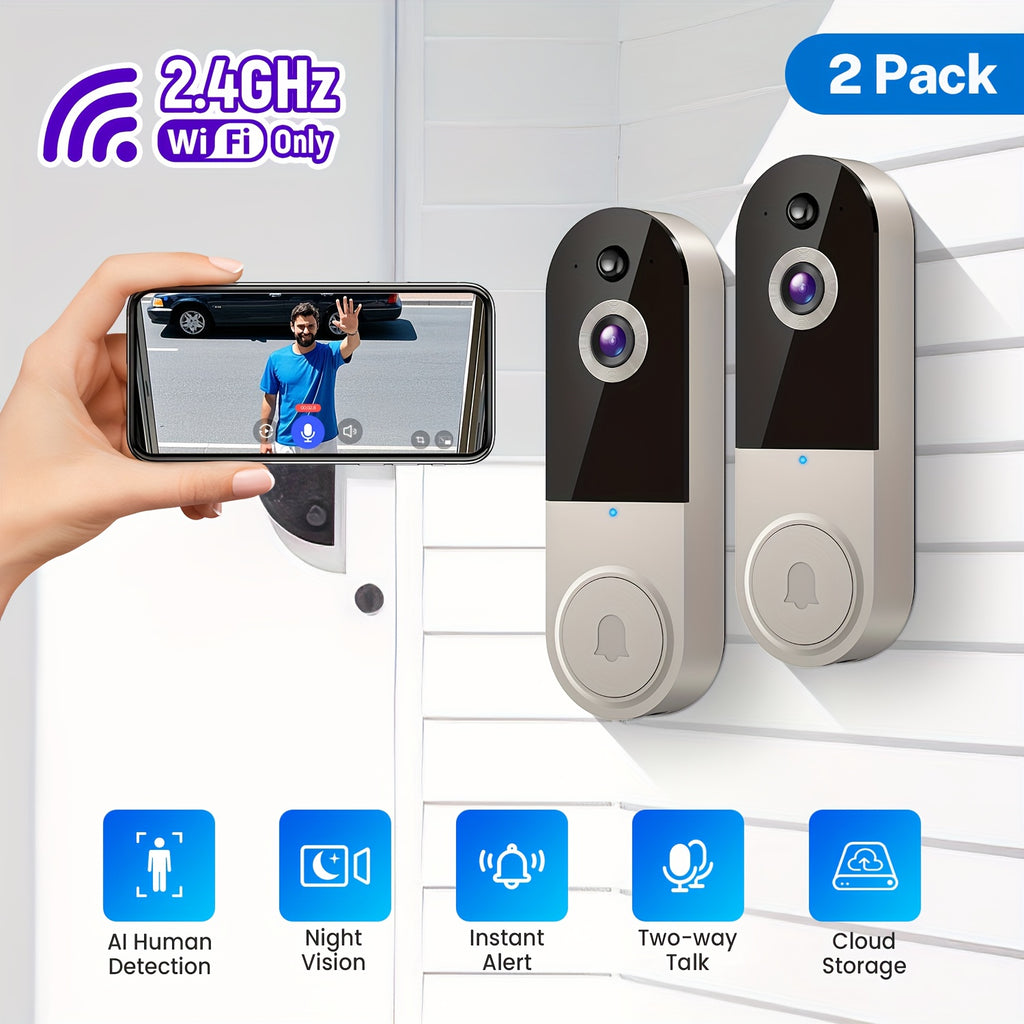 1080p Wireless Wi-Fi Video Doorbell Camera With Chime, Battery Powered, AI Human Detection, Live View, Night Vision, Cloud Storage, 2.4G WiFi Only, Indoor Outdoor Surveillance Cam For Home Security System